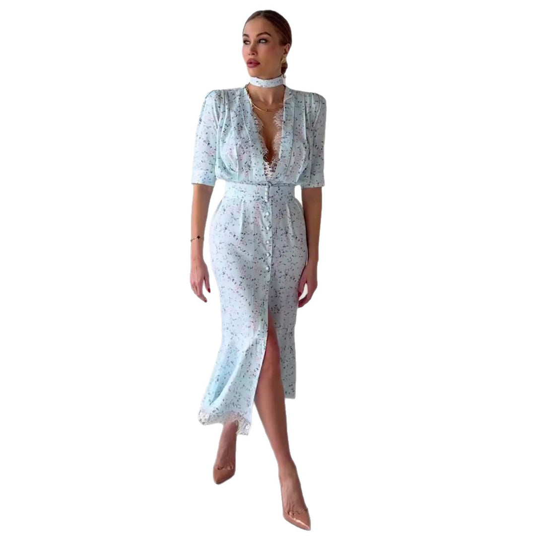 Damen Elegantes Midi-Kleid mit schimmerndem Chiffon und tiefem V-Ausschnitt EB