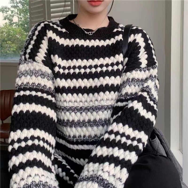 Damen gemusterter Strickpullover mit strukturiertem Gewebe und lässigem Schnitt EB