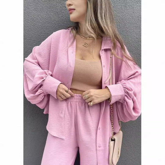 Damen Lässiges Zweiteiliges Set aus luftiger Bluse und weit geschnittenen Hosen EB