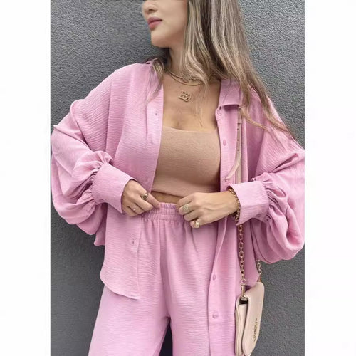 Damen Lässiges Zweiteiliges Set aus luftiger Bluse und weit geschnittenen Hosen EB