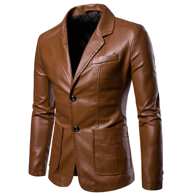Herren Figurbetonter Lederoptik-Blazer mit Hemdkragen und Zwei-Knopf-Front EB