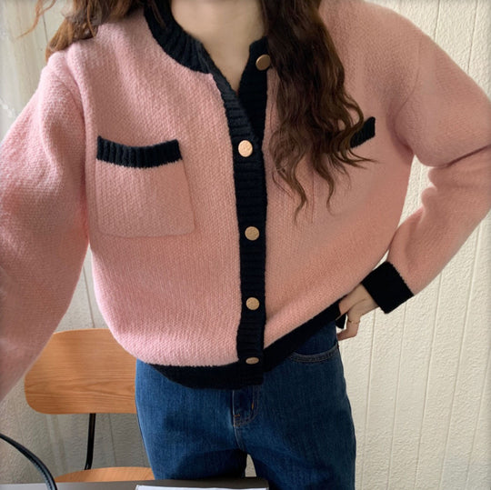 Damen Strickjacke mit hochwertigen Details und modischem Zwei-Farben-Design EB