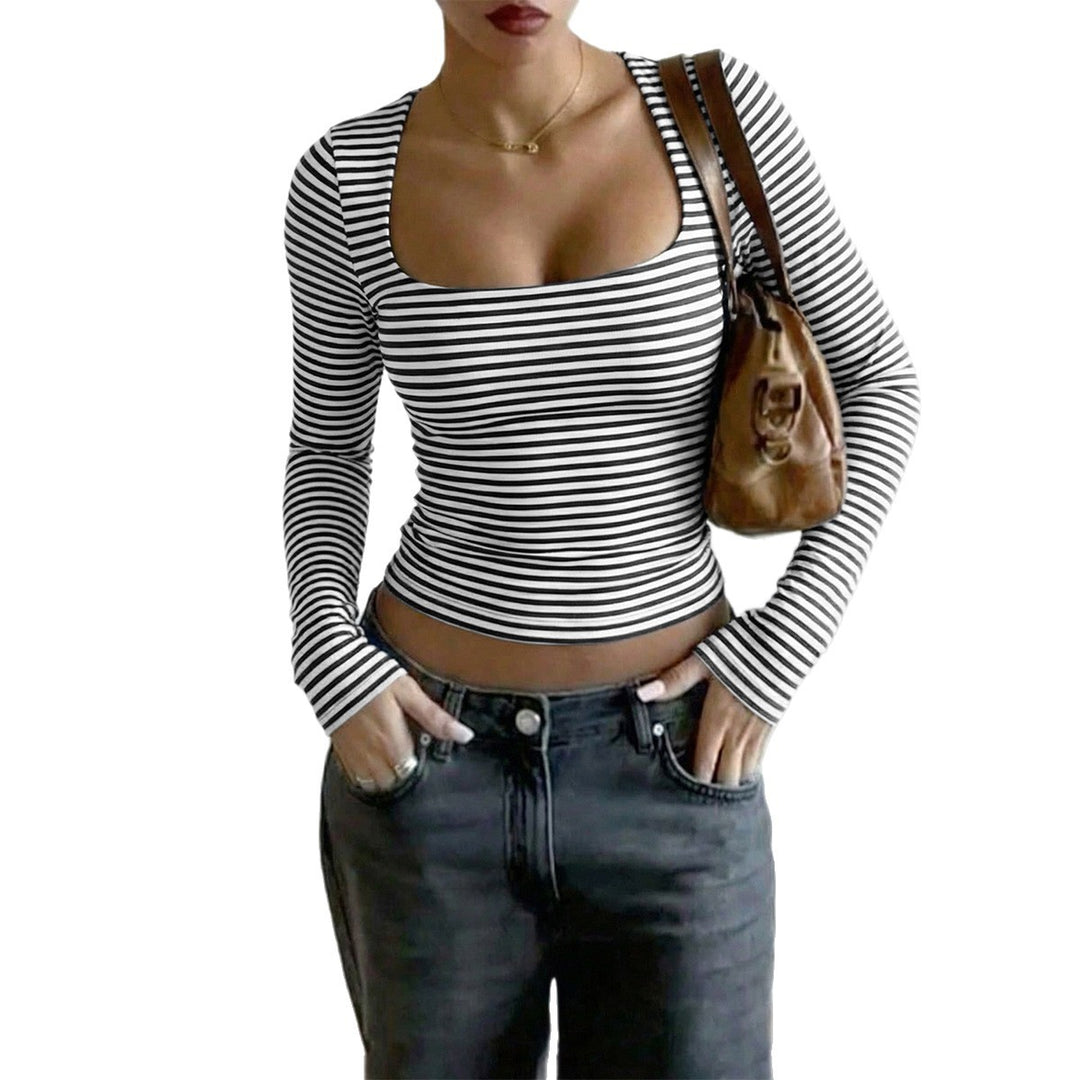 Damen nan gestreiftes tailliertes Langarm-Cropped-Shirt aus Baumwollstretch EB