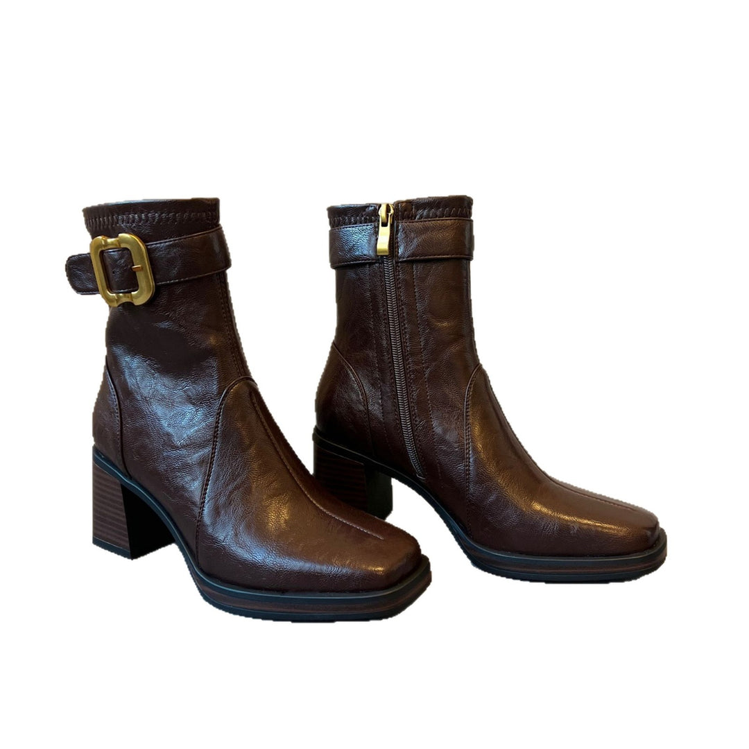 Damen Elegante Ankle Boots mit modischer Schnallen-Applikation EB