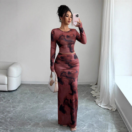 Damen nan zweiteiliges figurbetontes Set aus elastischem Mesh mit langärmligem Crop-Top, Daumenloch und gerafftem Midirock EB
