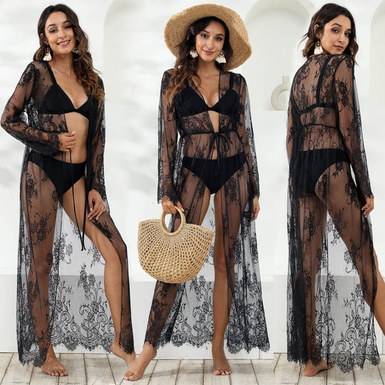 Damen transparentes Häkel-Kleid mit floralem Design EB