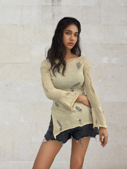 Damen Strickpullover mit lässiger, aufgerissener Optik und weitem Schnitt EB