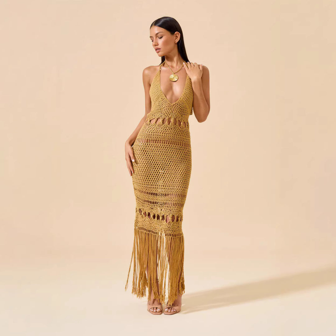 Damen Häkel-Strandkleid mit tiefem V-Ausschnitt und kreativem Cut-Out EB