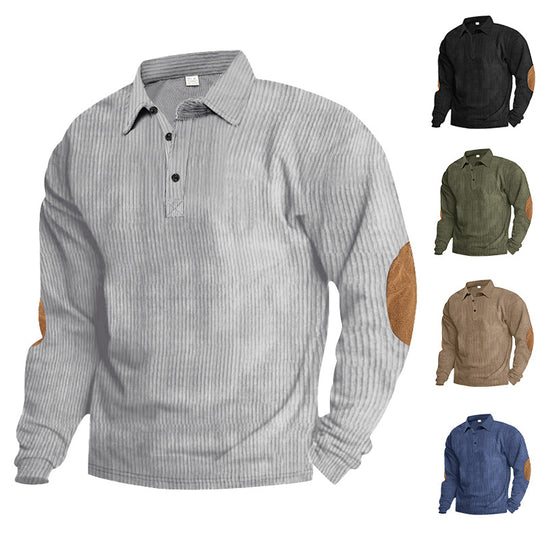 Herren lässiges Langarm-Henley-Shirt mit strukturiertem Rippenstoff und kontrastierenden Ellbogenpatches EB