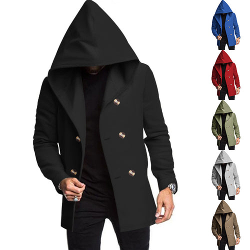 Herren modischer Mantel mit Kapuze und doppelter Knopfreihe EB