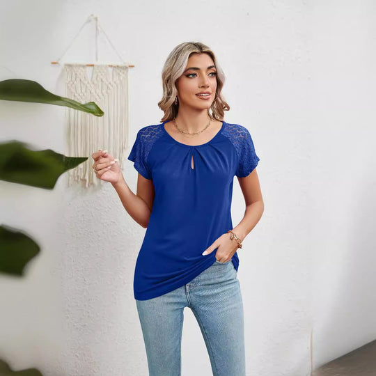 Damen Kurzarm-Bluse mit Spitzenärmeln EB