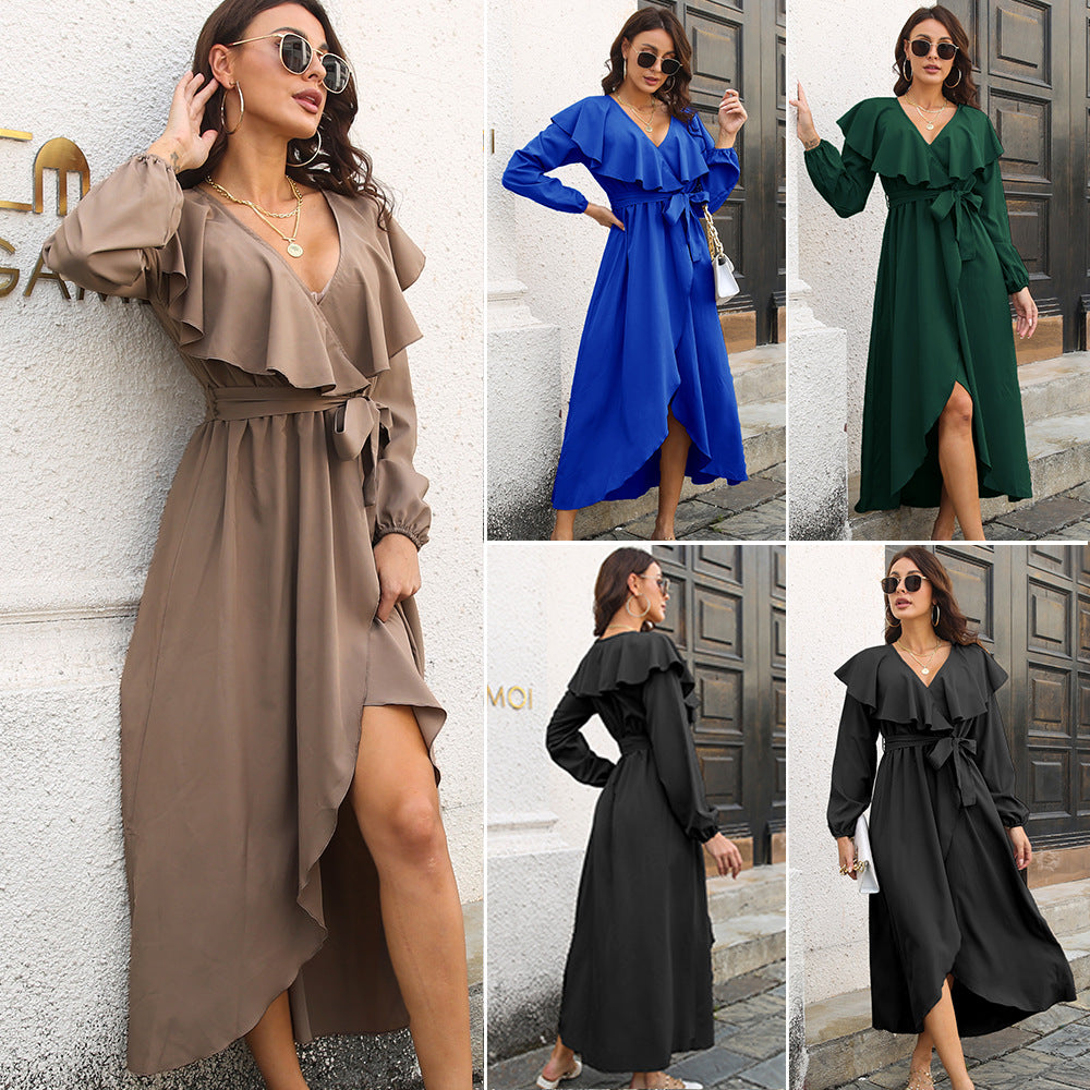 Damen Maxikleid mit Volant und Gürtel EB