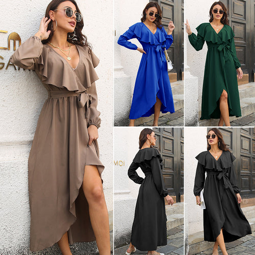 Damen Maxikleid mit Volant und Gürtel EB