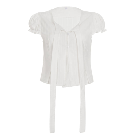 Damen kurzarm bluse mit dekorativen bindebändern EB