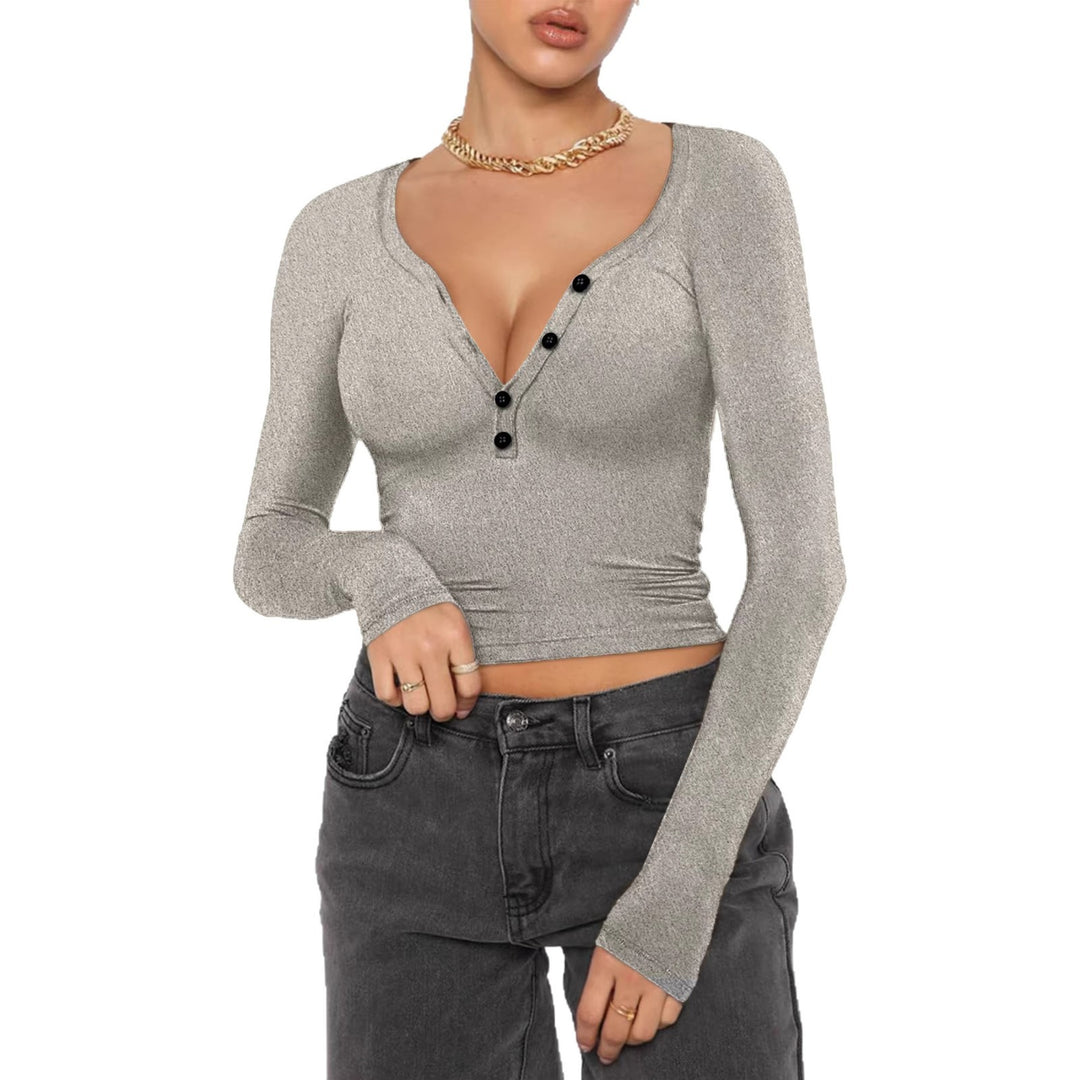 Damen nan figurbetontes geripptes Longsleeve mit Henley-Knopfleiste und tiefem V-Ausschnitt EB