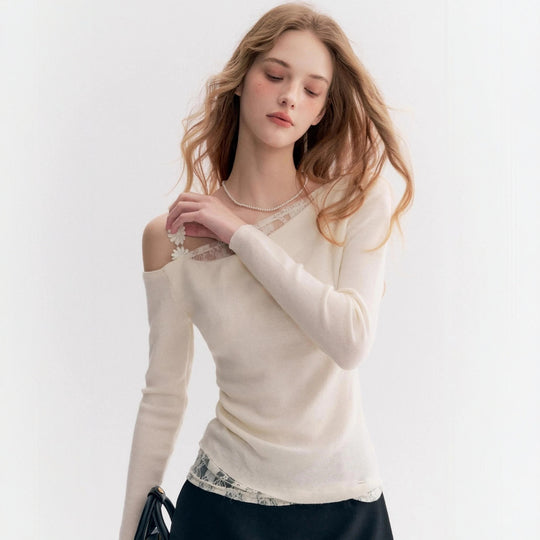 Damen Elegantes Oberteil mit transparentem Spitzenbesatz EB