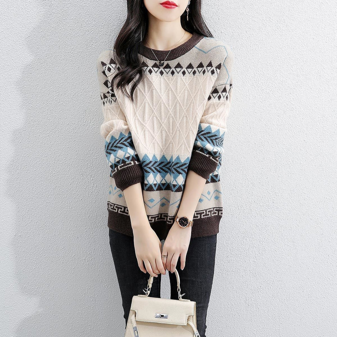 Damen Grob gestrickter Pullover mit geometrischem Muster und Rundhalsausschnitt EB