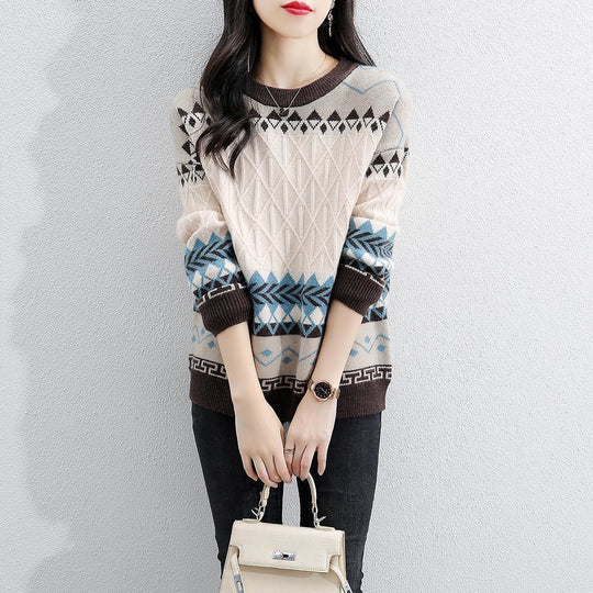Damen Grob gestrickter Pullover mit geometrischem Muster und Rundhalsausschnitt EB