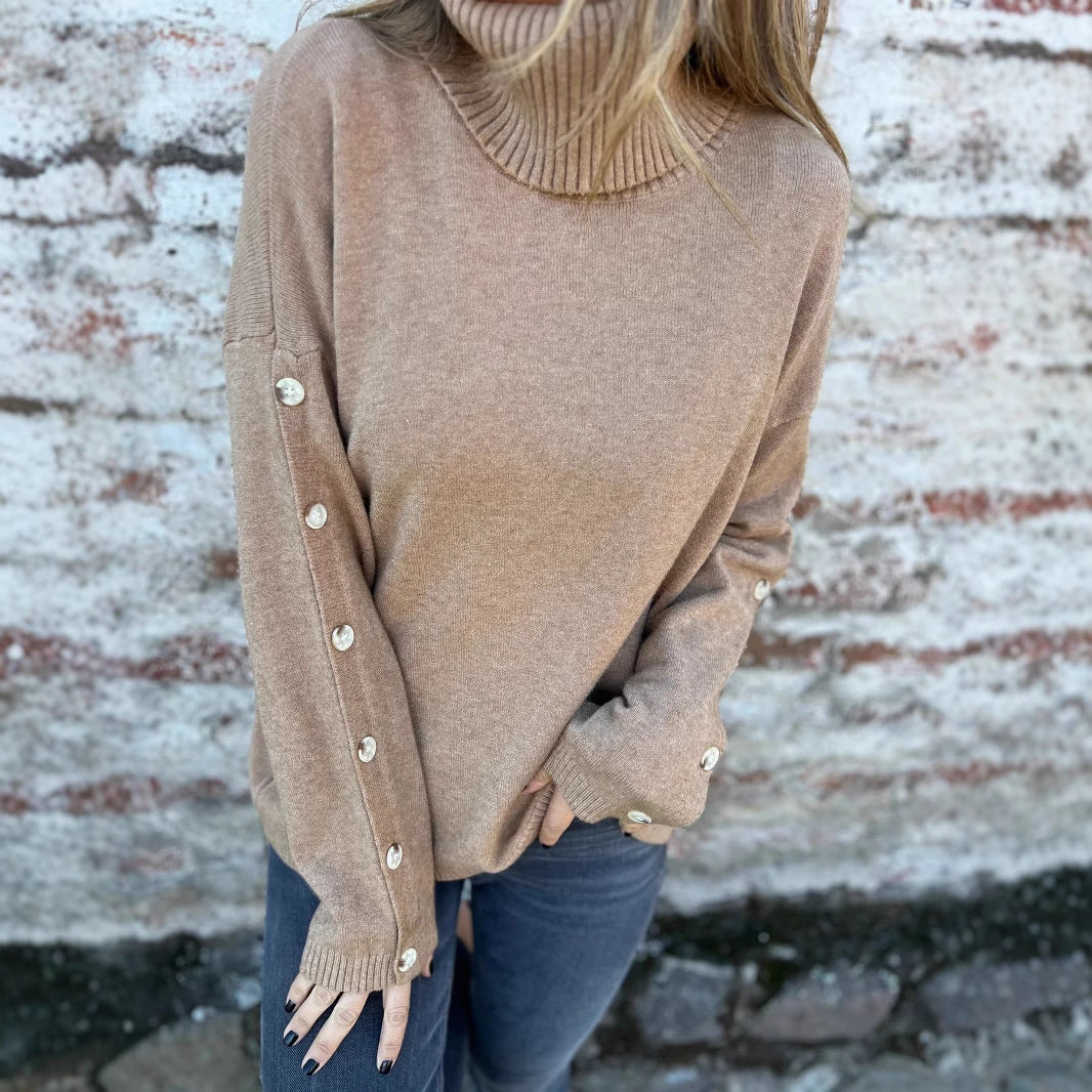 Damen weicher Rollkragenpullover mit modischen Knopfdetails EB