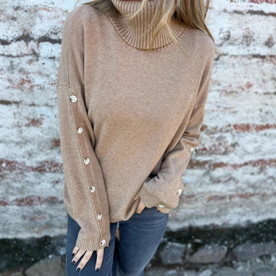 Damen weicher Rollkragenpullover mit modischen Knopfdetails EB