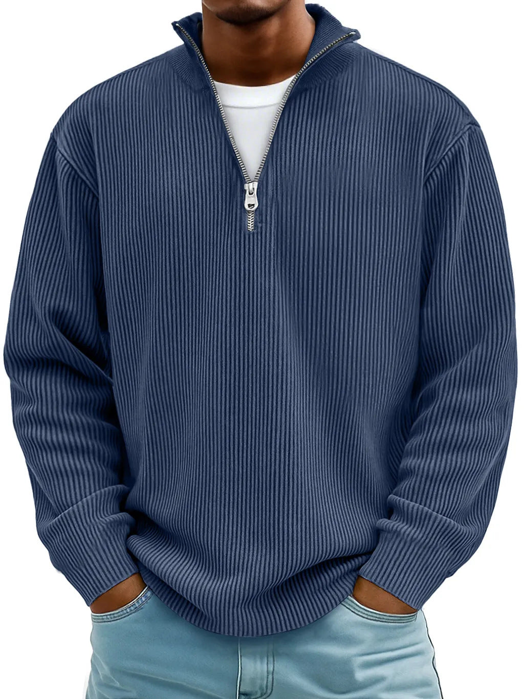 Herren nan gerippter Strickpullover mit halbem Reißverschluss und Stehkragen EB