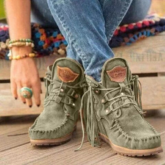 Damen Mokassinstiefel mit modischen Fransen und dekorativen Nähte EB
