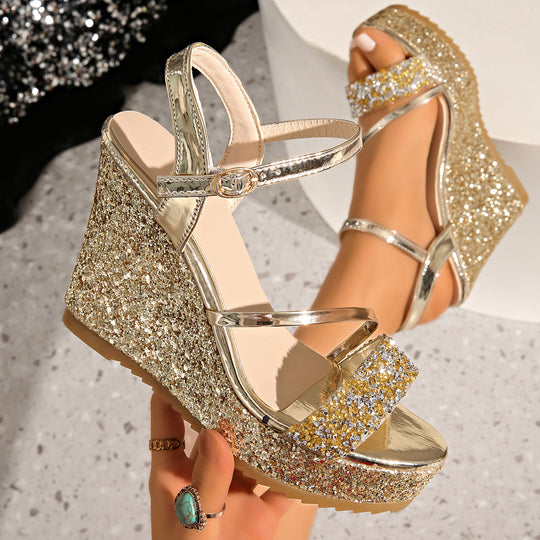 Damen Glamouröse Wedge-Sandalen mit glitzernden Riemen und verstellbarem Verschluss EB