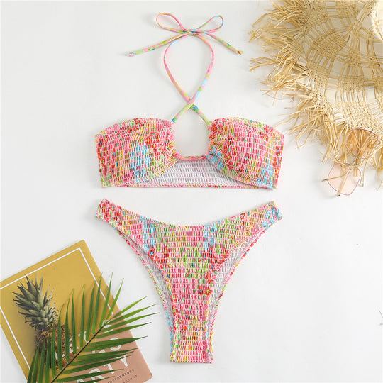Damen Bandeau-Bikini mit verspieltem Wickeldetail und buntem Design EB