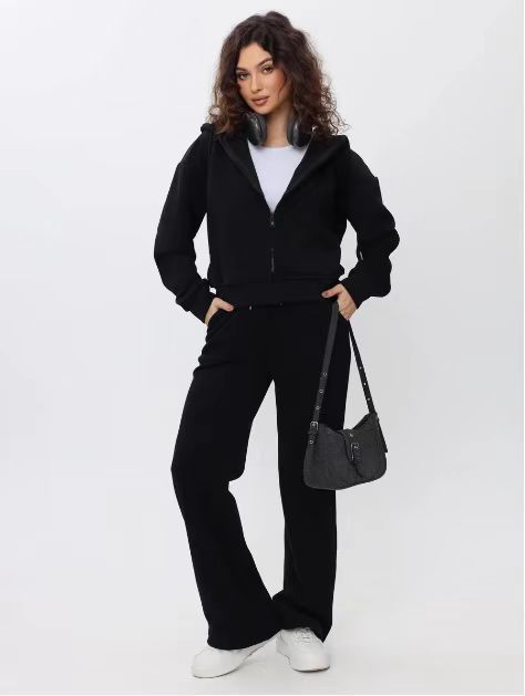 Damen nan zweiteiliges Cozy-Loungewear-Set mit Reißverschlusskapuze, taillenhoher Weitbein-Jogger und verdeckten Eingrifftaschen EB
