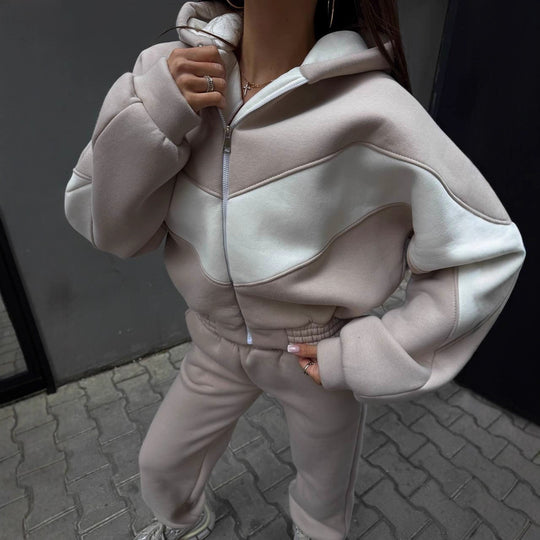 Damen Athleisure-Zweiteiler aus schwerem Neopren-Fleece mit geometrischen Teilungsnähten und hoher Taille EB