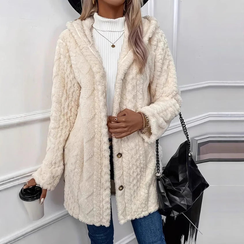 Damen nan kuschelige Teddy-Mantel mit Kapuze, Knopfleiste und Taschen EB