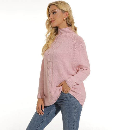 Damen gemütlicher Strickpullover mit hochgeschlossenem Kragen und modischem Zopfmuster EB