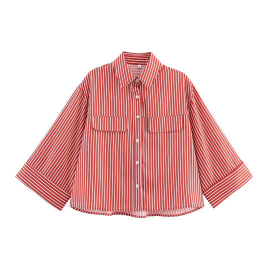 Damen gestreifte Bluse mit voluminösen Ärmeln und praktischen Taschen EB