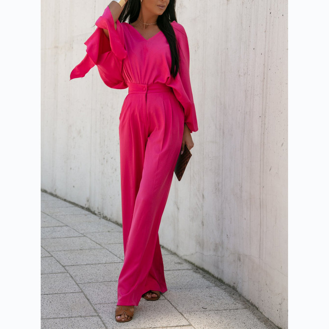 Damen Eleganter Jumpsuit mit weiten Ärmeln und schmalem Taillengürtel EB