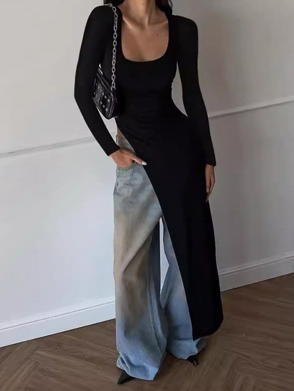 Damen Elegantes langärmliges Kleid mit asymmetrischem Saum EB