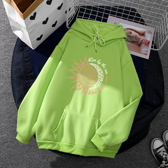 Damen nan Kapuzenpullover mit Sonn-und-Mond-Mandala, Kängurutasche und angerautem Fleece EB