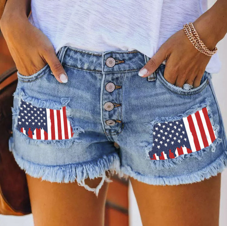 Damen Jeansshorts im Coolen USA-Design mit ausgefranstem Saum EB