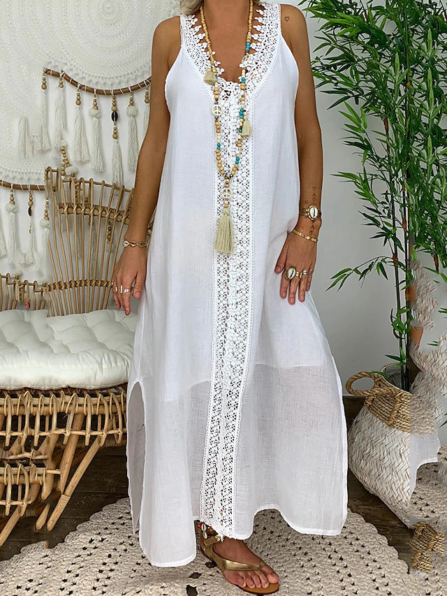 Damen Maxi-Strandkleid mit elegantem Spitzenbesatz und seitlichen Schlitzen EB