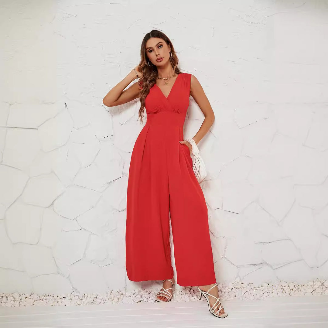 Damen Jumpsuit mit V-Ausschnitt und weitem Bein EB