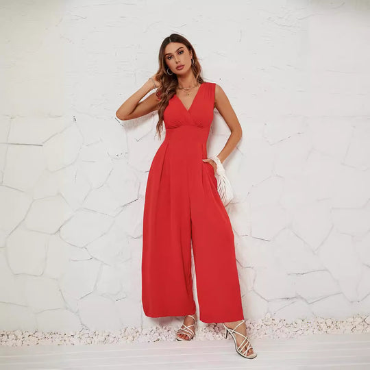 Damen Jumpsuit mit V-Ausschnitt und weitem Bein EB