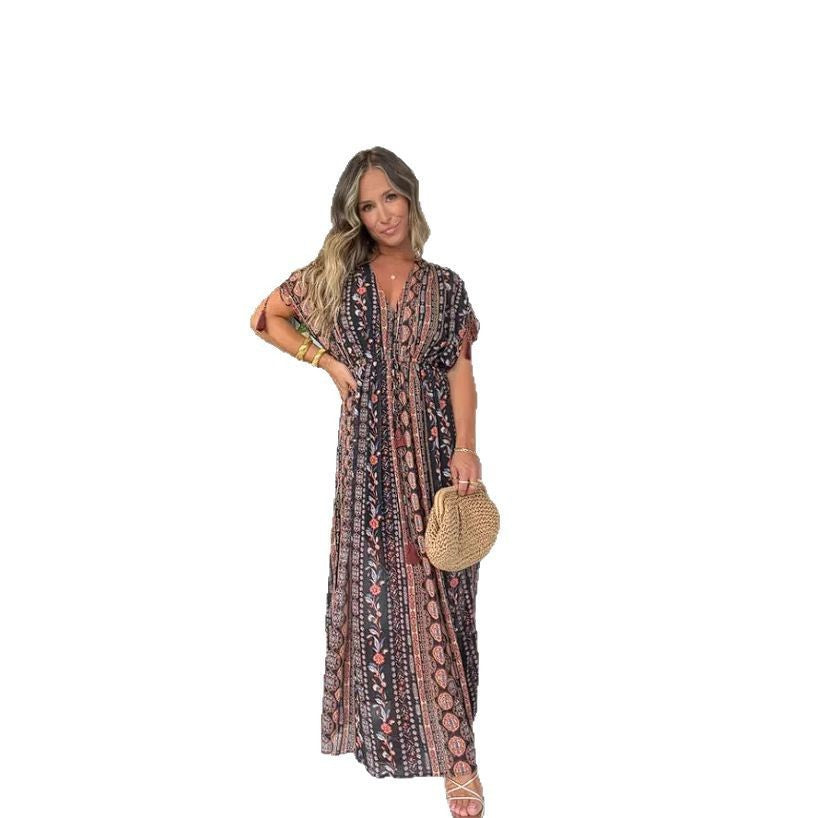 Damen elegantes Maxikleid mit modischem Print und V-Ausschnitt EB