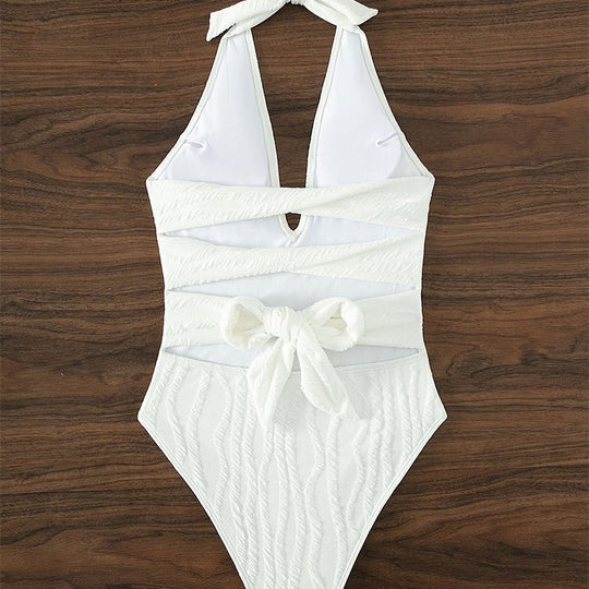 Damen hochgeschnittener Badeanzug mit tiefem V-Ausschnitt und strukturiertem Design EB