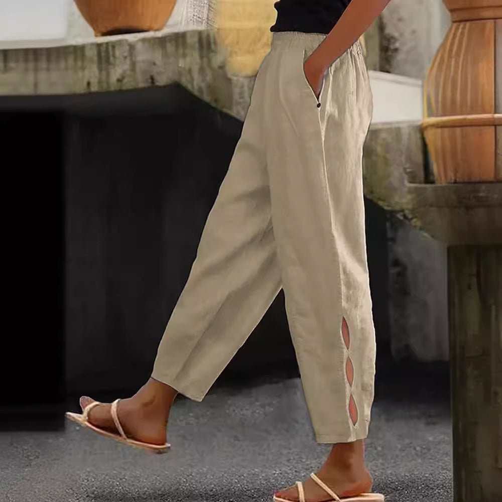 Damen Leichte Leinenhose mit seitlichen Schlitzen und elastischem Bund EB