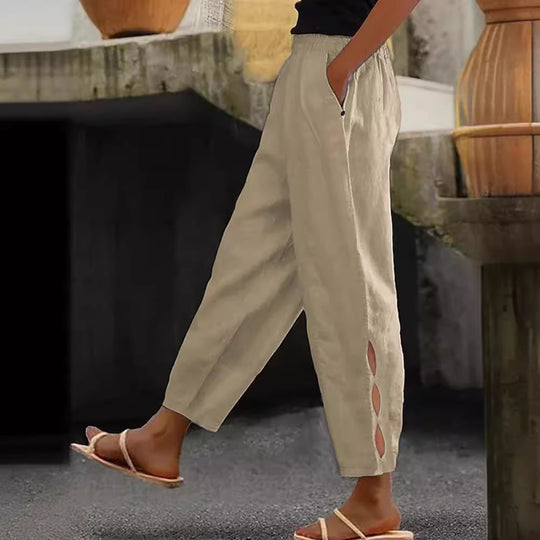 Damen Leichte Leinenhose mit seitlichen Schlitzen und elastischem Bund EB