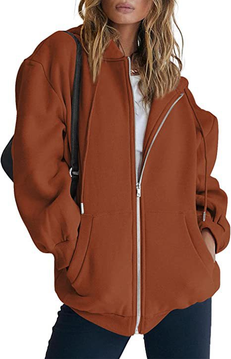 Damen nan oversized Kapuzenjacke mit durchgehendem Reißverschluss Kängurutaschen und weichem Sweatmaterial EB