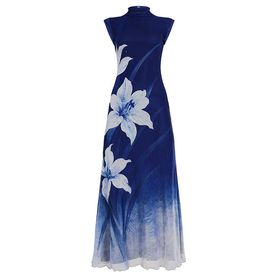 Damen Maxikleid mit floralem Design und elegantem Stehkragen EB