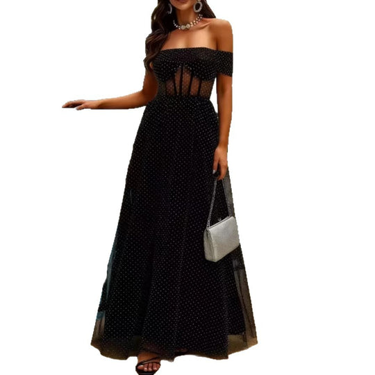 Damen Elegant schulterfreies Maxikleid mit transparenten Einsätzen und Pünktchenmuster EB