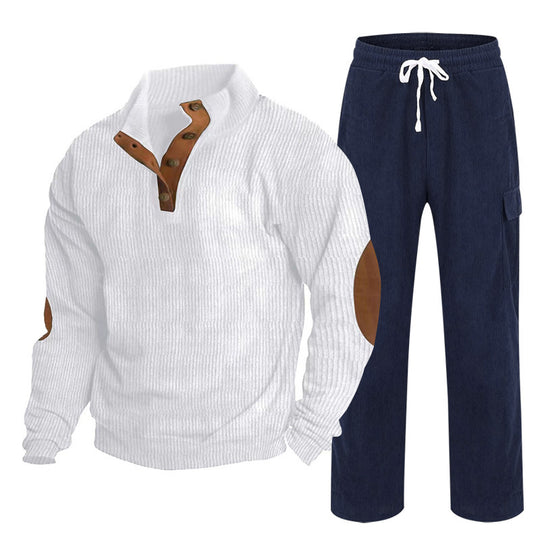 Herren nan Strick-Freizeitset mit Knopfleiste und Ellenbogenaufnähern sowie Cord-Cargohose EB