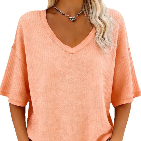 Damen lässiges Oversize-Shirt mit V-Ausschnitt und strukturiertem Muster EB