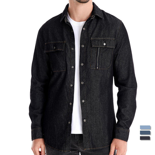 Herren nan tailliertes Jeanshemd mit Kentkragen, aufgesetzten Brusttaschen und Kontraststeppung EB